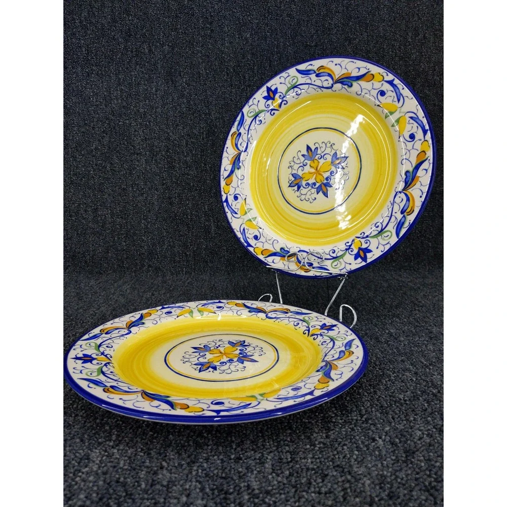 Pier 1 Mirandela Dinner Plates 10.75 Yellow Blue Mediterranean Portugal Set of 2